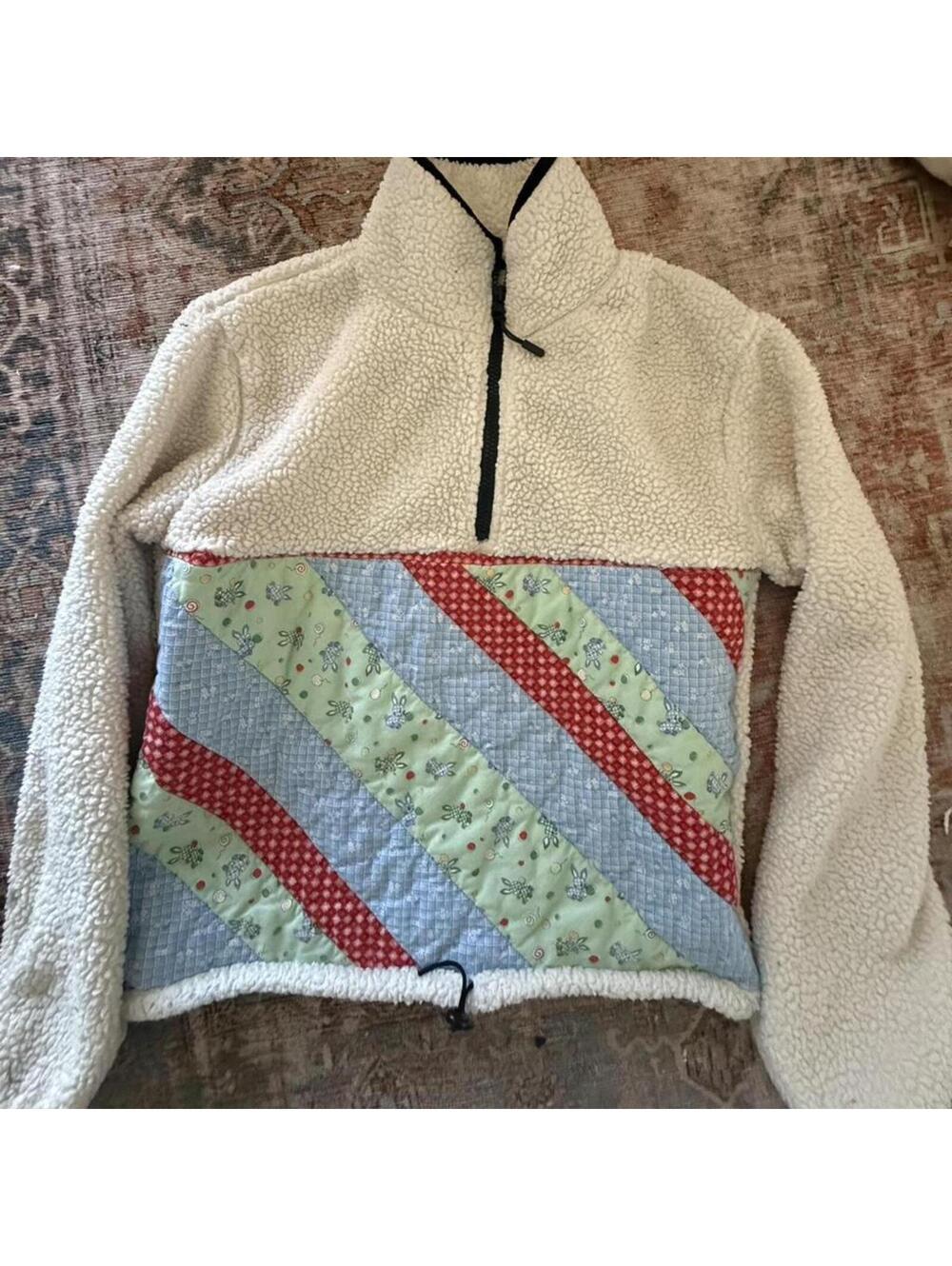 Handmade sherpa patchwork blue green white red quarter zip drawstring